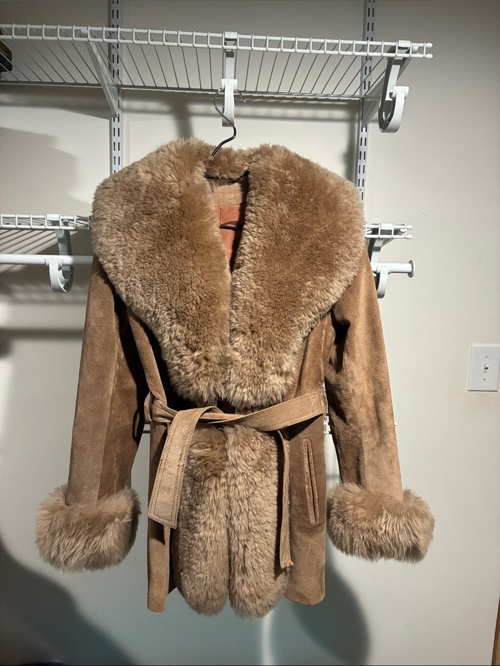 Unlisted Tan Faux Shearling Trim Suede Belted Jacket